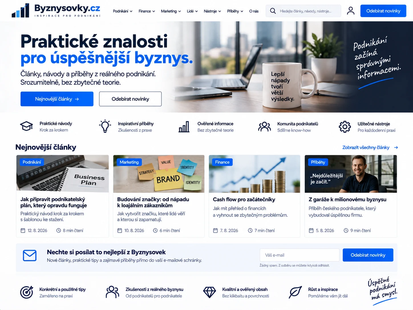 Ilustrační návrh pro Byznysovky.cz: podnikatelský magazín s články, návody a newsletterem
